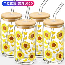 跨境热升华可乐杯竹盖带吸管玻璃杯透明梅森罐果汁咖啡杯啤酒杯