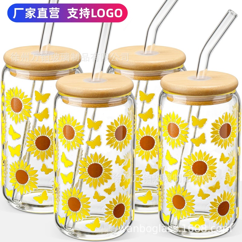 Cross-border sublimation cola cup bamboo lid with straw glass transparent mason jar juice coffee cup beer cup