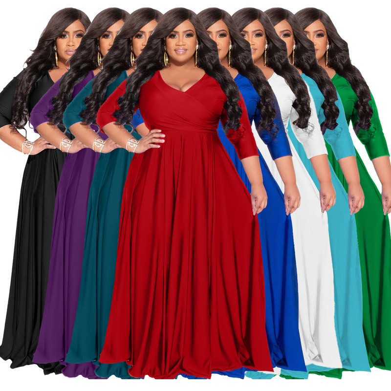 N7670 European and American Cross-border Source Independent Station Explosions plus size Fat Woman Women's Solid Color V-neck Sexy Wedding Dress