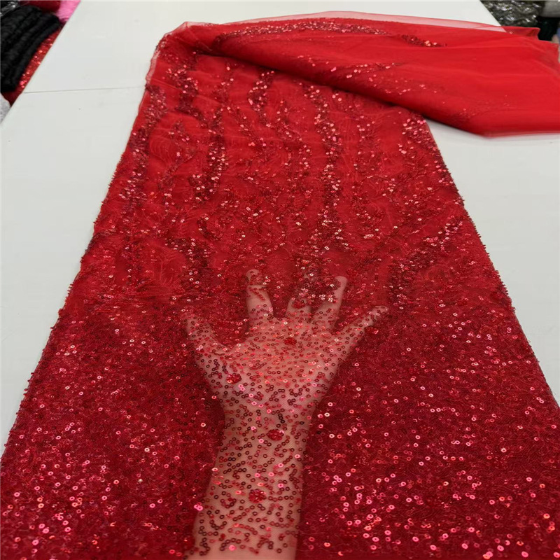 爆款珠管亮片绣高端网纱布料婚纱礼服时装面料多色网纱布面料批发