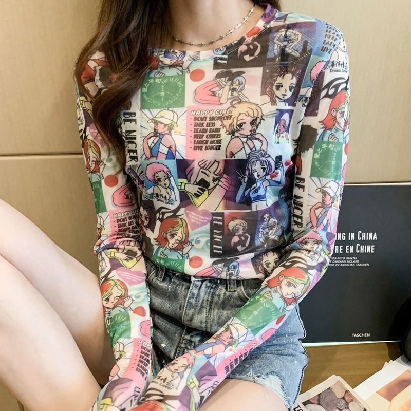 女性用日焼け止め服、女性用夏用薄手長袖Tシャツ、プリントメッシュボトムシャツ、ガーゼインナー、アイスシルクトップス、ブラウス|undefined
