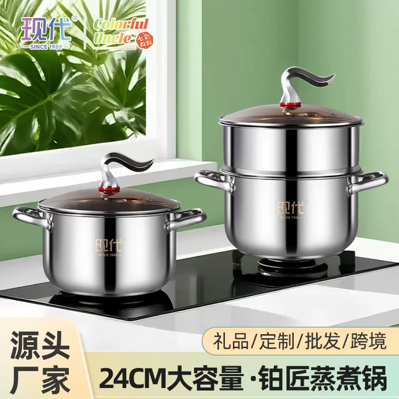 粤帝斯直供 现代铂匠蒸煮锅双耳加厚不锈钢蒸锅家用双层汤锅 跨境