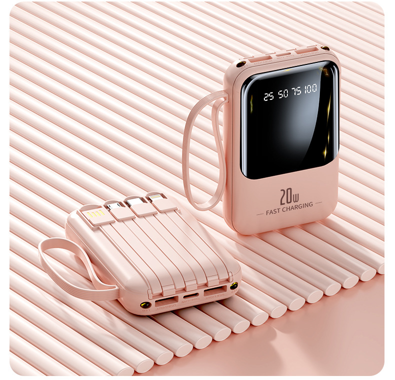 Cross-Border Power Bank Mini Built-in Cable High Capacity 20000mAh Fast Charging Mobile Power Supply Gift Logo Printing