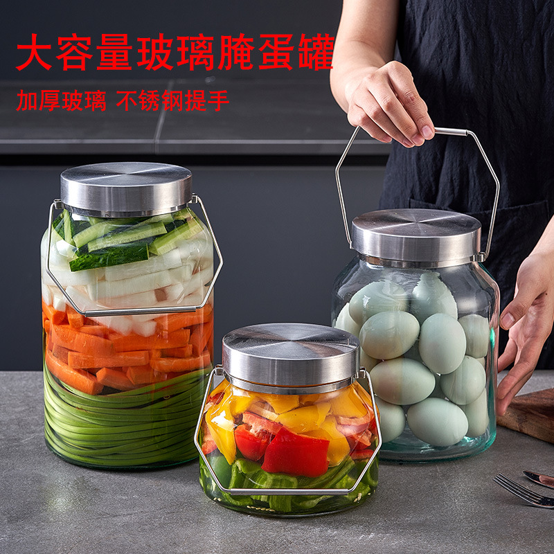 Pot de pepinos de vidrio con mango de transporte para cocina doméstica de grado alimenticio encurtido depósito de pickles