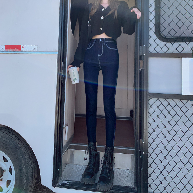 Dark blue high-waisted jeans for women in 2024 Spring and Autumn New Style Slim and High-fitting Autumn Tight Small-Fit Pants