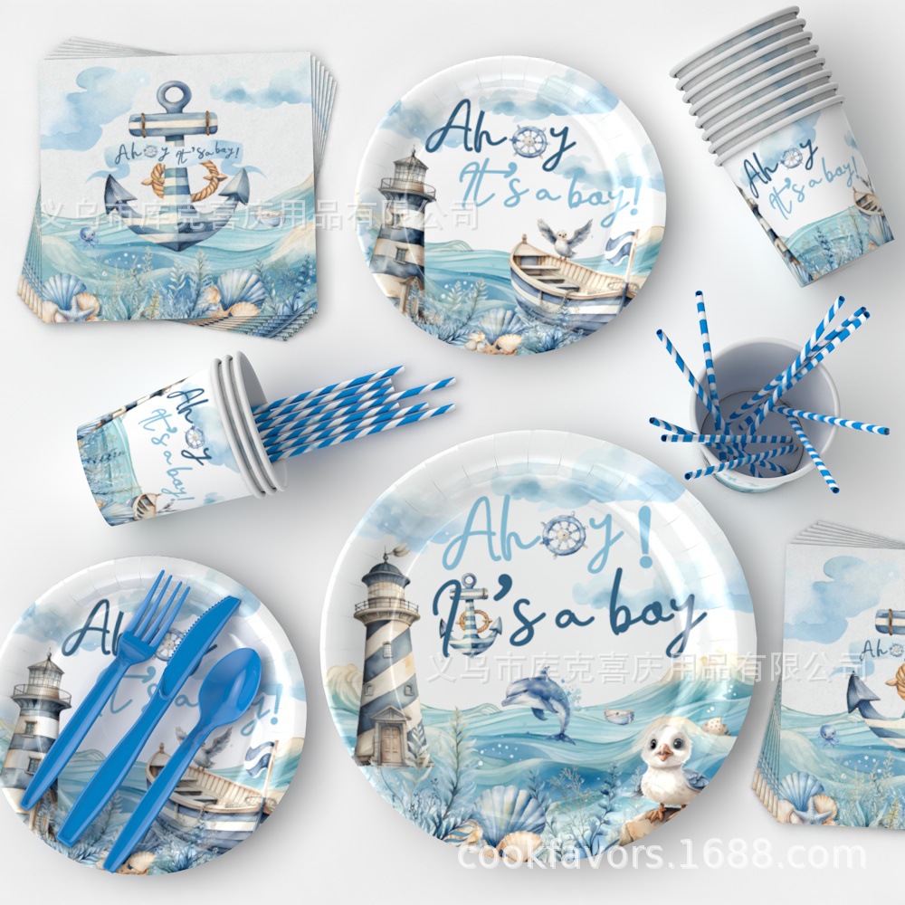 Nuevo tema de navegación azul decoración de fiesta de cumpleaños de niño bandeja de papel desechable tazas de papel toallas de papel set de cubiertos