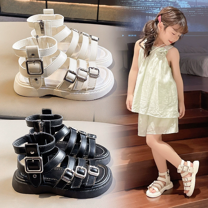 2025 Летние детские сандалии Martin модные корейские высокие сандалии для девочек с открытыми пальцами римские туфли принцессы с квадратной пряжкой