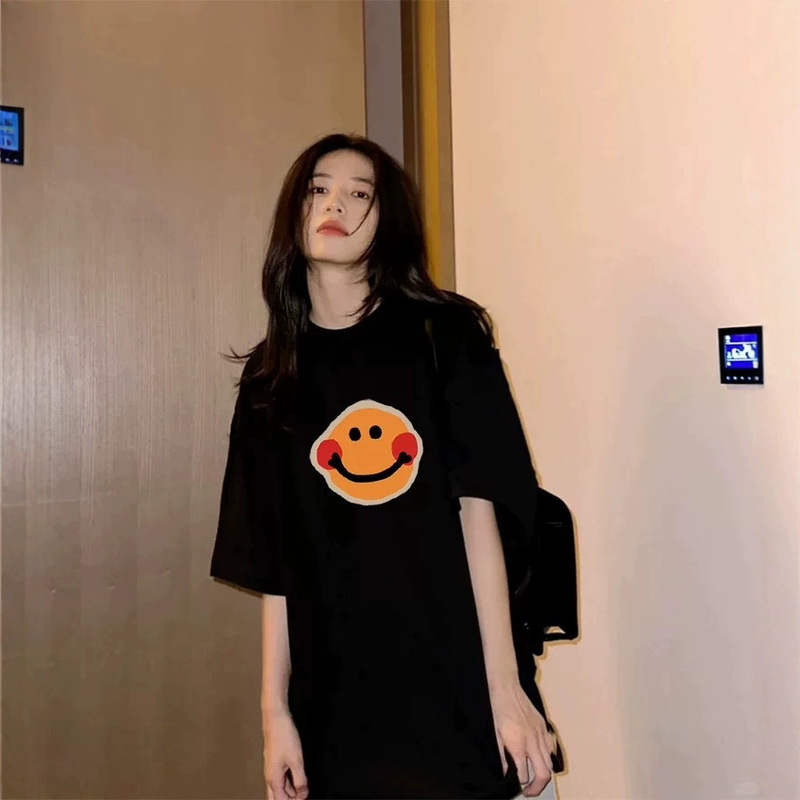 Korean Designer Celebrity Same Style 25 Summer Preppy Style Retro Harajuku Simple Smiley Casual Short-Sleeved T-Shirt for Women