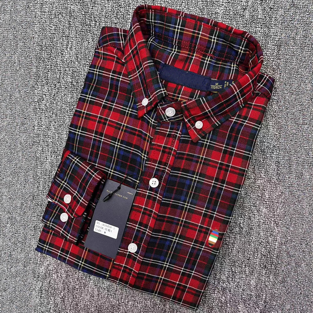 Camisa de manga larga para hombre con bordado de caballito, camisa de algodón a cuadros informal de negocios para primavera y otoño, top juvenil