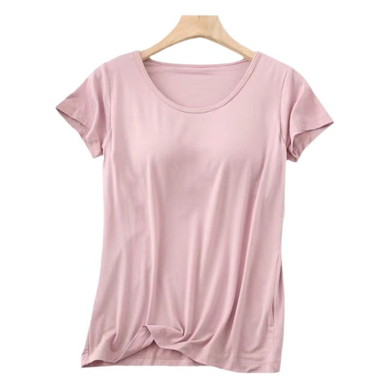 Women's short-sleeved T-shirt with chest pad cup bra integrated wireless bottoming shirt women's bra-free sports yoga underwear