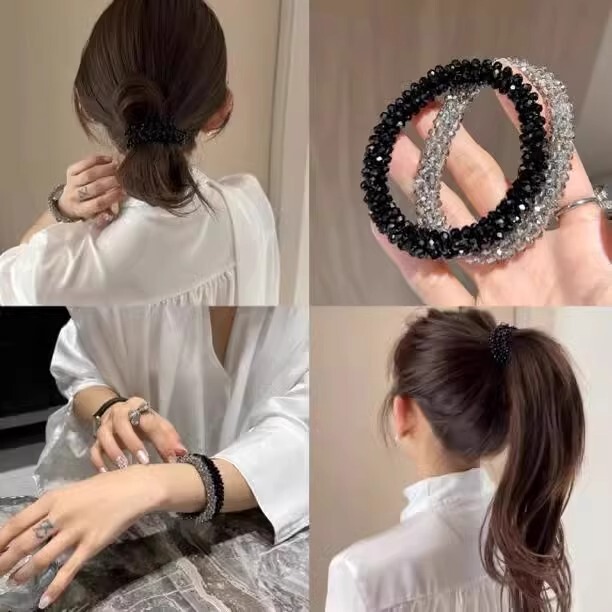 Exquisite Crystal Beaded Hair Ring Women's High-end Sense Hair Rope Elegant Celebrity Bracelet Hair Tie Dual-purpose Headband Headwear