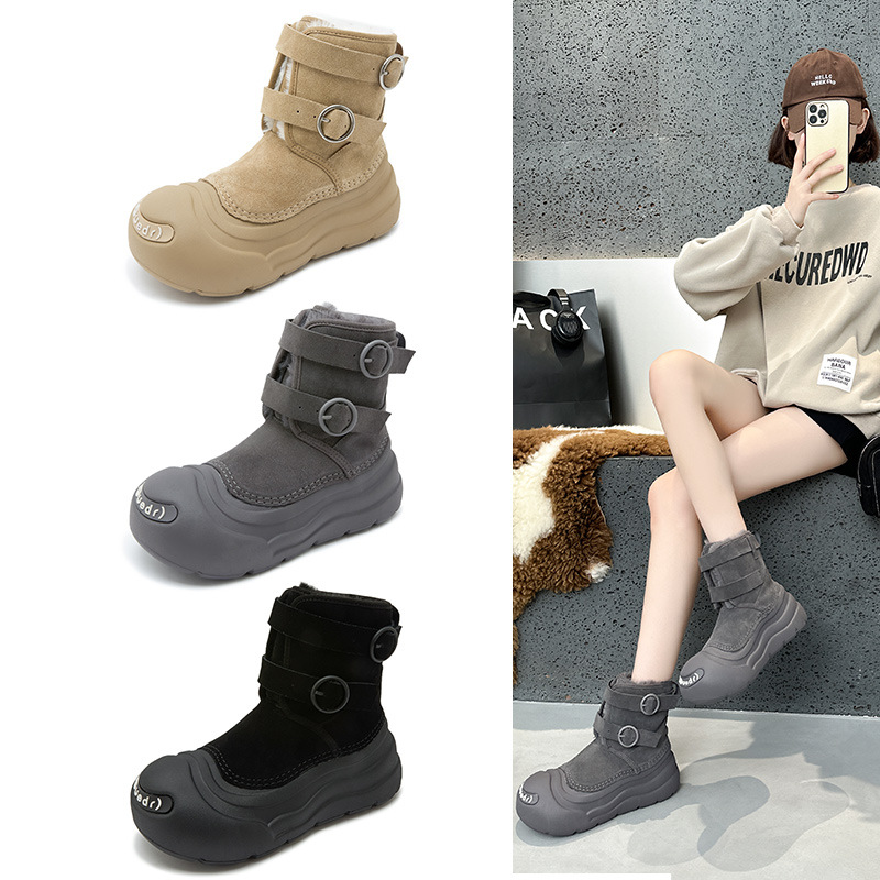 【朱静儀と同じスタイル】開口笑雪地ブーツ 女性用 厚底 保温 防水 ラージトゥシューズ ブーツ 学生向け トレンド