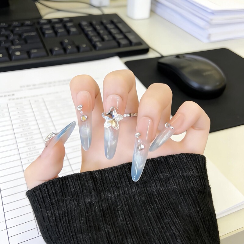 【Misty Blue Star Island】Handmade Wearable Nails, Blue Long Style, 4.0 Cat Eye Manicure Finished Nails