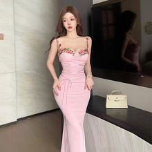 实拍 网红同款韩版名媛花边吊带裙修身包臀绑带中长款连衣裙女