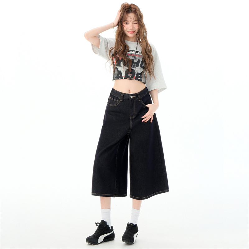 진한 파란색 변색 방지 여성용 7부 바지 2025 여름 얇은 스트레이트 루즈핏 하이웨이스트 슬리밍 데님 만능 반바지