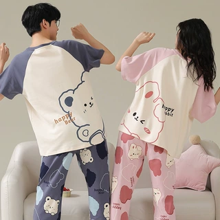 【纯棉】情侣睡衣夏季可爱卡通短袖长裤休闲春秋款男女家居服套装