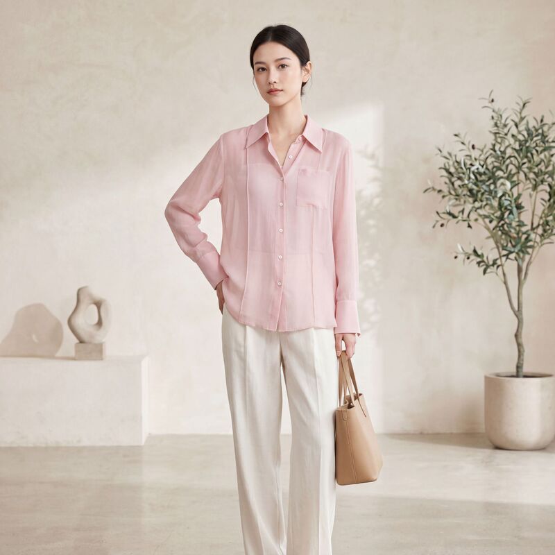 Spring and Summer New Style Silk Shirt for Women, Made of Pure Mulberry Silk, Suitable for Commuting, Solid Color, Thin Long-Sleeve Shirt, Loose Fit, Mid-Length Jacket