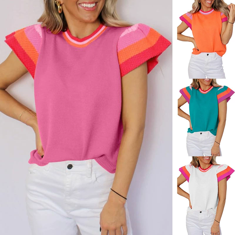 Трансграничная внешняя торговля Amazon 2025 Летний трикотажный топ с круглым вырезом