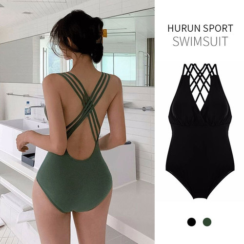 Korean-style women's swimsuit with shoulder straps, large open back, waist-cinching, belly-hiding, conservative, slimming, small bust, hot spring vacation one-piece swimsuit