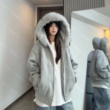 情侣款冬装新款纯色加厚连帽卫衣加棉棉服保暖宽松毛领棉衣外