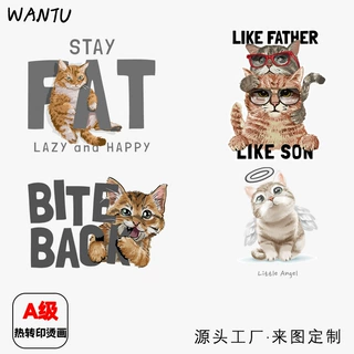 热转印烫画贴跨境外贸可爱猫咪服装印花图案柯式工厂过粉烫图白墨