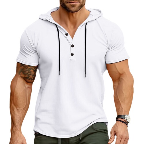 European and American Men's Sport & Fitness Hooded Short-Sleeve T-Shirt | Summer Hooded Sports Top | American-Style Henley Shirt