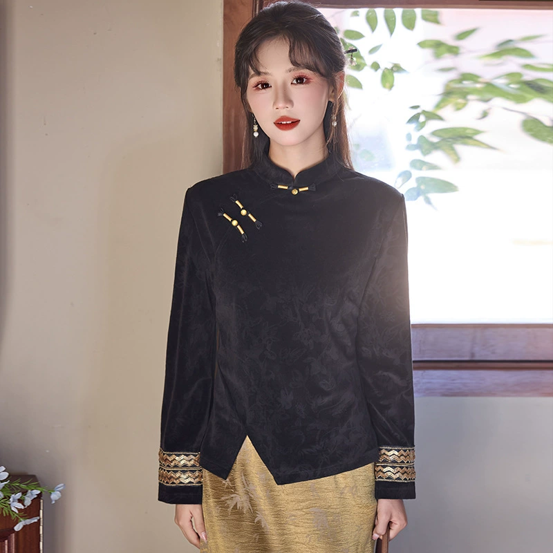 2025 Autumn and Winter New Chinese Retro Women's Stand-up Collar Button Small Shirt National Style Chic Slit Versatile Bottoming Shirt Top
