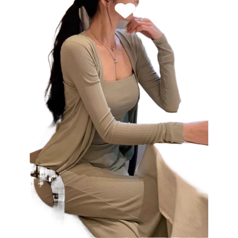 여름 캐주얼 통기성 쿨 니트 카디건 | 스트랩리스 가슴 패드 조끼 | 스트레이트 바지 여성용 세트 편안한