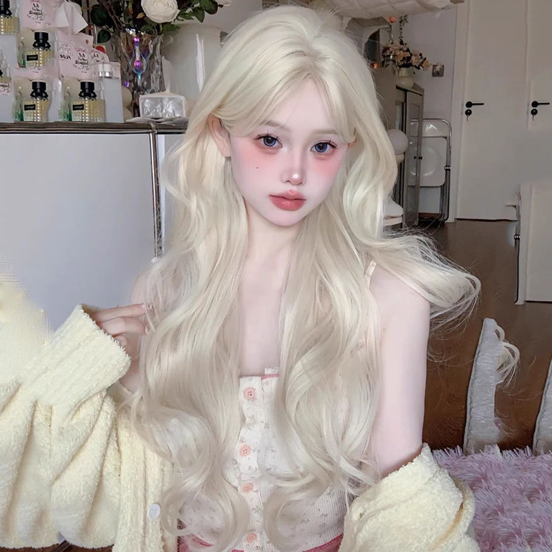 Fashionable Elf-Colored Wig with Long Curly Natural Sweet Bangs, Platinum Blonde Big Wave Headpiece, Internet Celebrity Headpiece