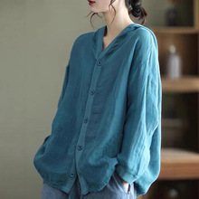 连帽棉麻开衫外套女2025春秋款上衣大码妈妈秋装宽松休闲开衫衬衣
