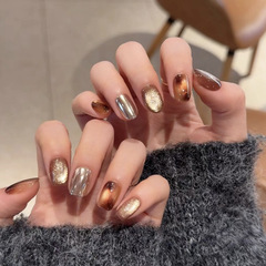 暈染琥珀貓眼穿戴甲魔鏡銀色秋冬美拉德系高級感顯白跳色美甲貼片