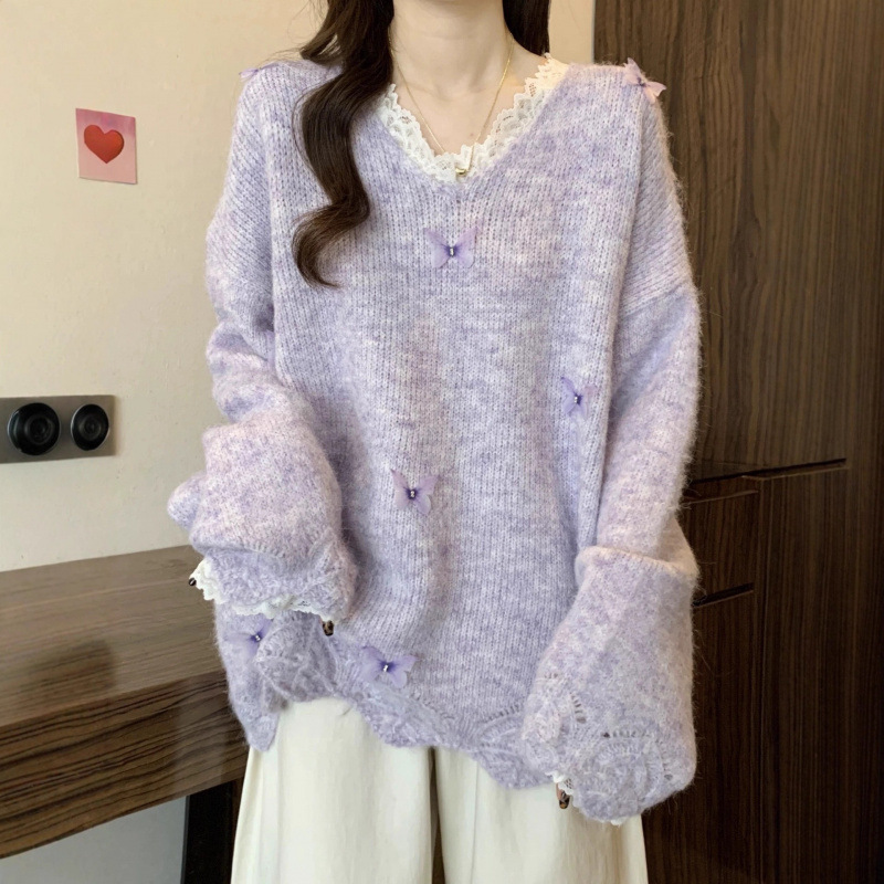 秋冬蕾丝蝴蝶针织衫新款设计感紫色外套立体毛衣宽松显瘦上衣慵懒