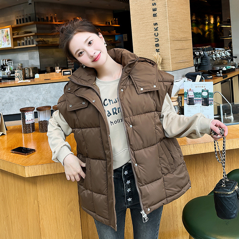 2024 transfronterizo Europa y los Estados Unidos nueva ropa de mujer de color sólido con cremallera bolsillo chaleco de algodón de moda con capuchón temperamento chaqueta de viaje image 10