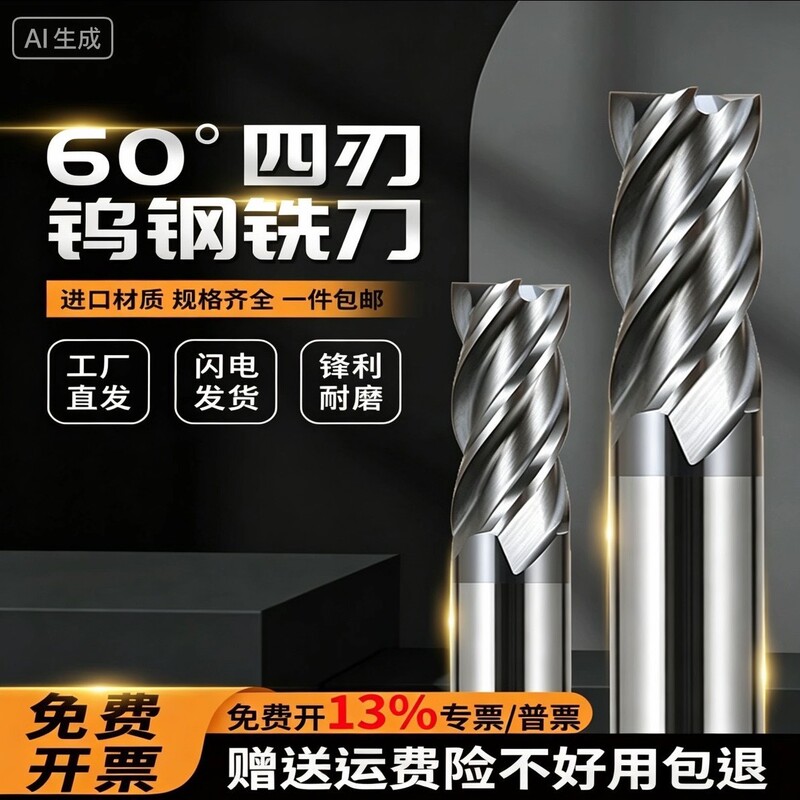 60-Degree Tungsten Steel Milling Cutter, 4-Flute Carbide Milling Cutter, Cnc Machining Center Extended Straight Shank Flat-Bottom Milling Cutter