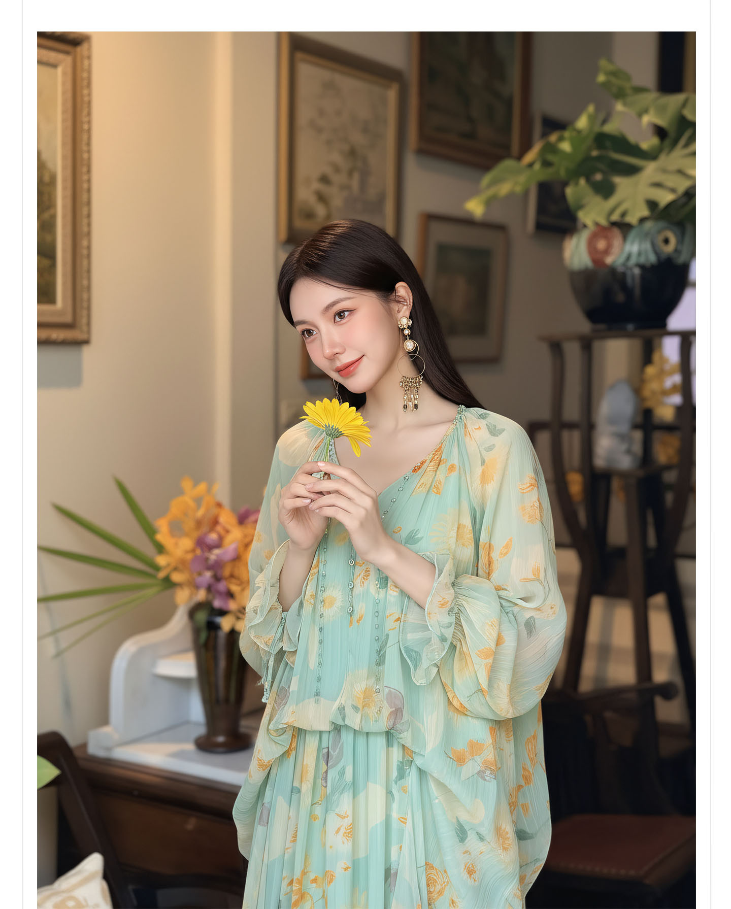 Đầm maxi nữ thắt eo phong cách Tân Trung Hoa in họa tiết thiết kế giả hai lớp — Thiên Thanh chi tiết 5