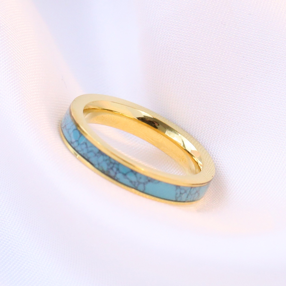 Simple Style Round Titanium Steel Inlay Turquoise Rings