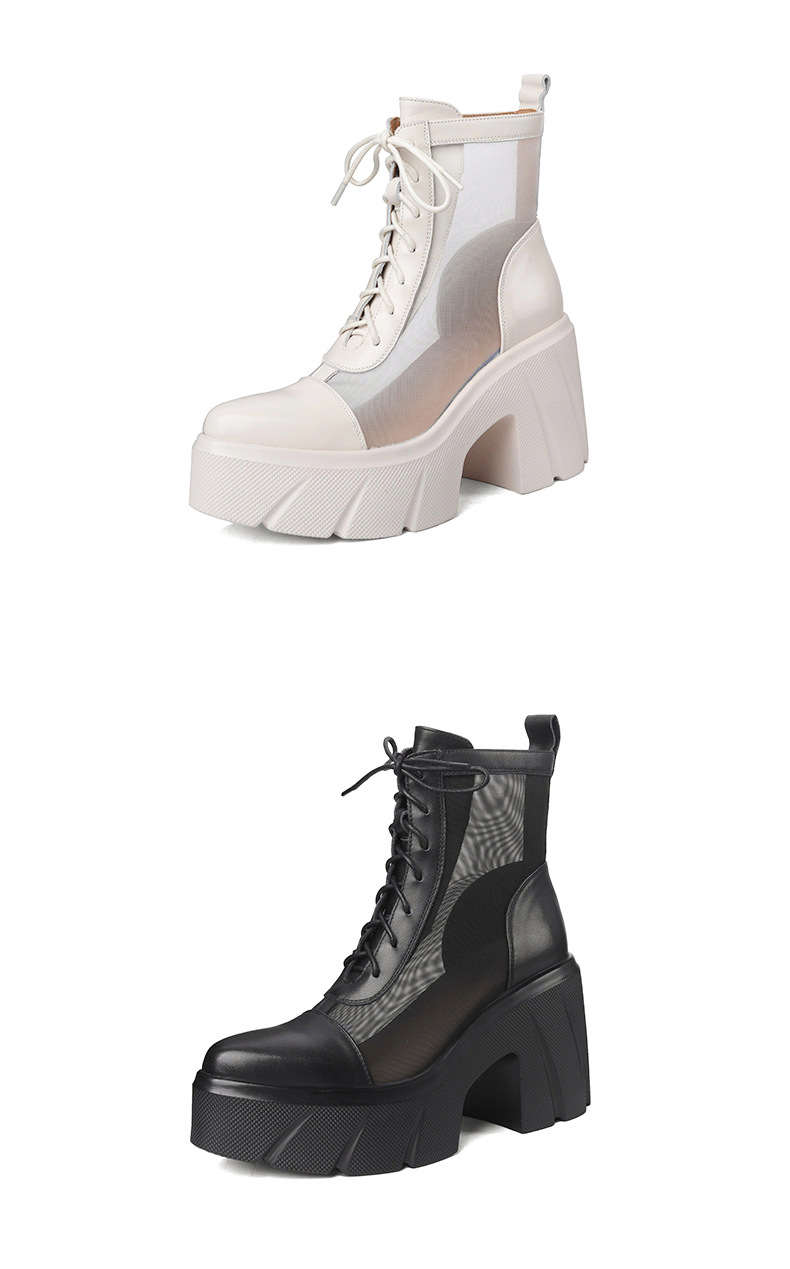 Boot cổ thấp nữ da thật lưới xuyên thấu gót cao đế platform dây buộc — màu be, màu đen chi tiết 8