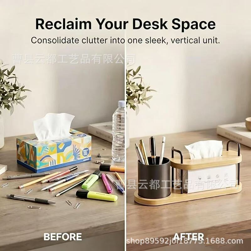 Cross-border wooden vanity table with a desktop cosmetic organizer, office pen holder, and tissue box