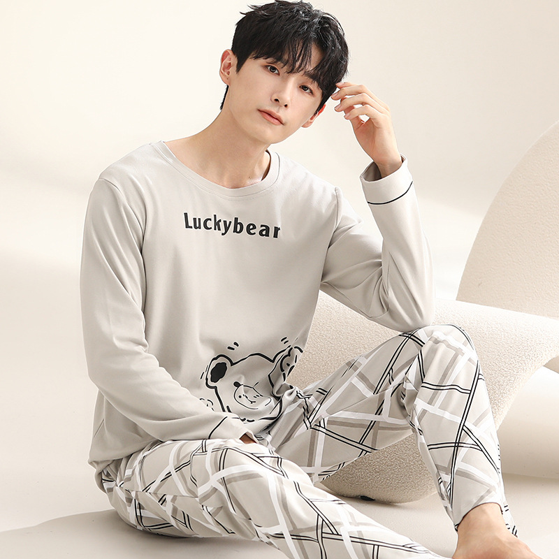 Spring, Autumn and Winter Men's Pullover Pajamas Cartoon Bear Loose Large Size Home Clothes Long-Sleeved Pants Two-Piece Suit