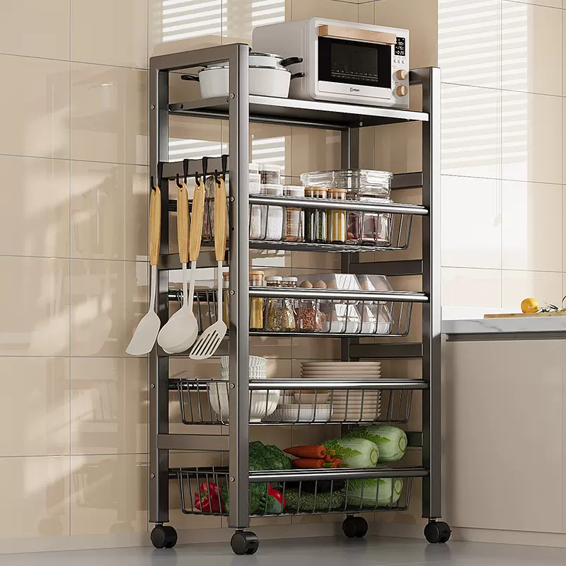 厨房置物架落地多层不锈钢储物架放水金属蔬菜篮子微波炉烤箱收纳