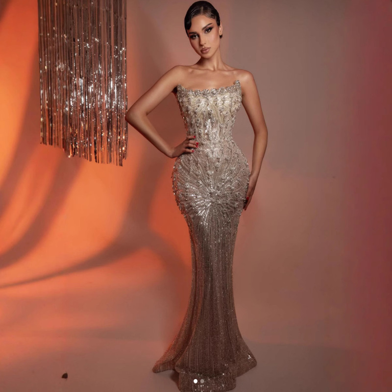 European and American-style Elegant Slim-fit Ball Long Fishtail Evening Dress Sexy off-shoulder Bronzing Sequin Long Dress