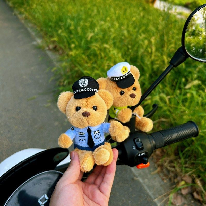 [Anti-Lost] Traffic Police Bear Motorcycle Decoration Cute Electric Vehicle Bicycle Doll Creative Doll Pendant