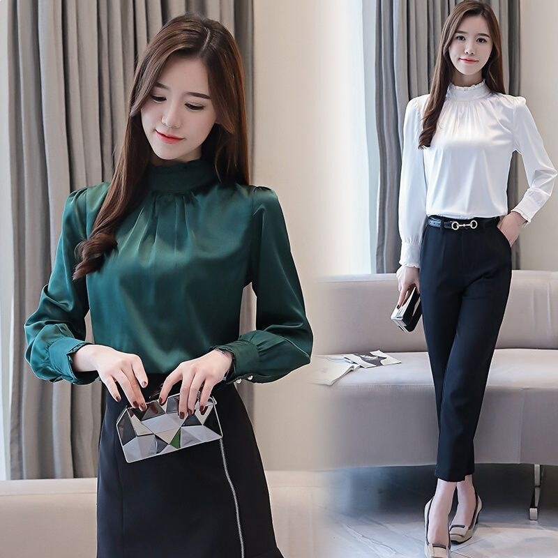 2026 Spring New Style Imitation Silk High-Neck Shirt for Women, Loose Fit, Plus Size, Slimming, Stand-Up Collar, Long-Sleeve Blouse