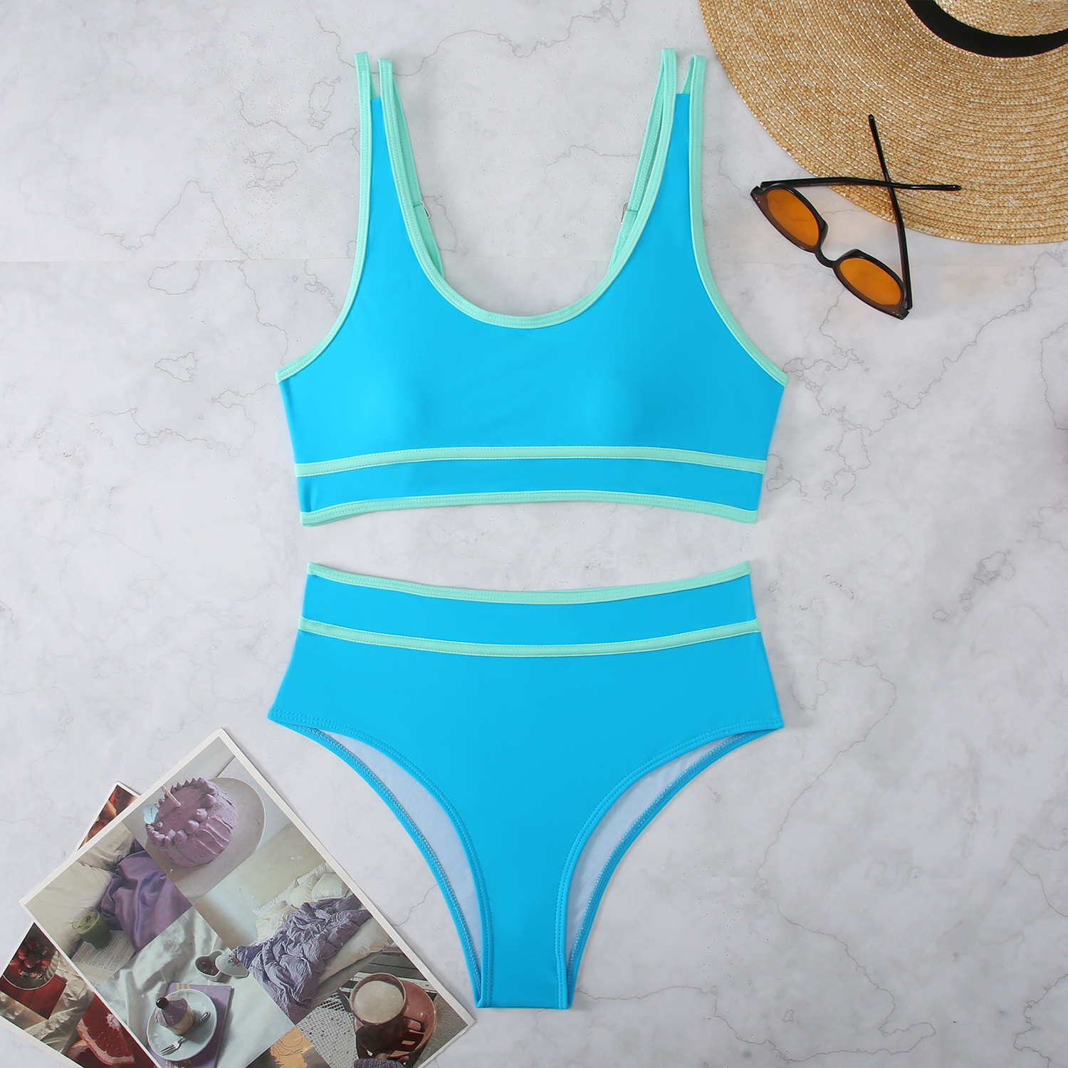 Traje de Baño Bikini de Dos Piezas de Poliéster, Color Sólido, Sin Soporte de Acero, para Natación image 10