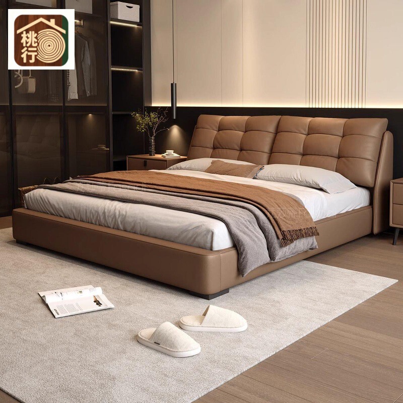 Italian-style puff bed, cream-colored master bedroom, double bed, modern and minimalist design, suitable for small apartments, cotton candy-colored genuine leather bed, large bed