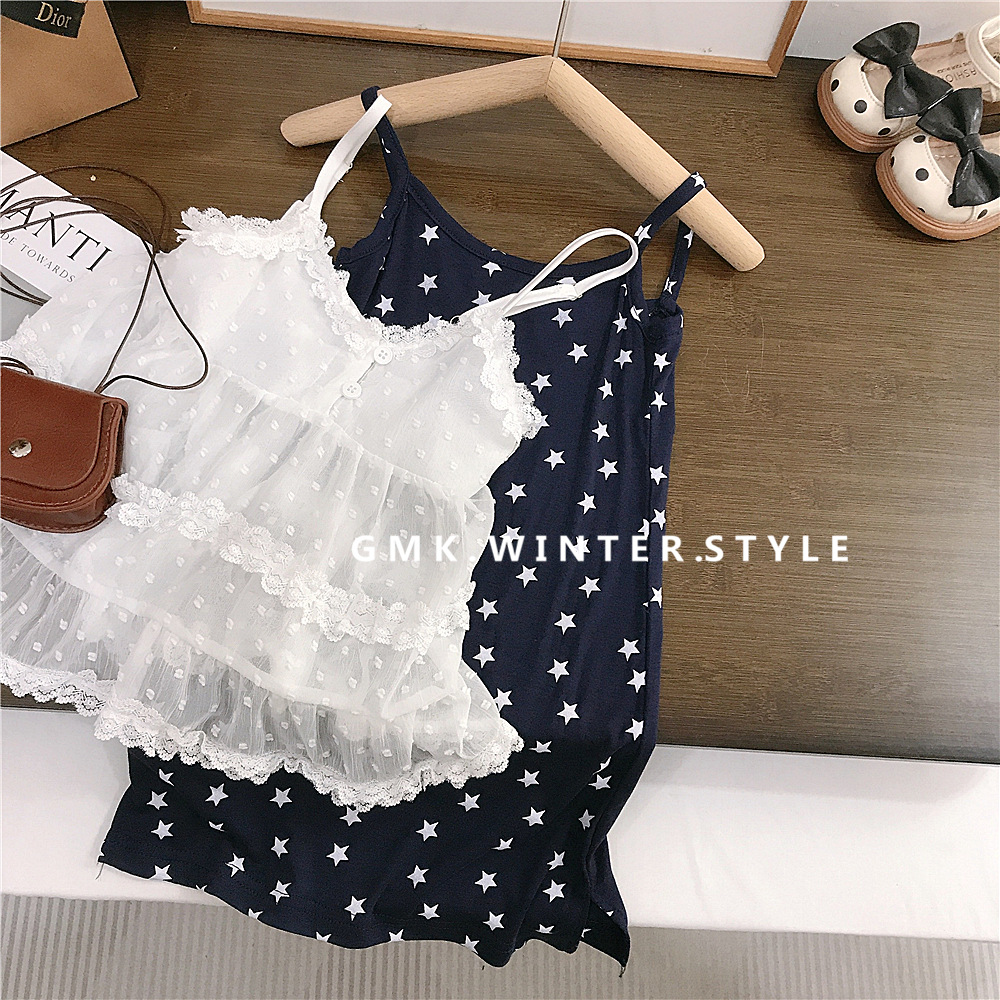 Girls' Stacked Skirt Summer New Children's Star Sling dress Girls' Lace Sling Blouse for Foreign Trade