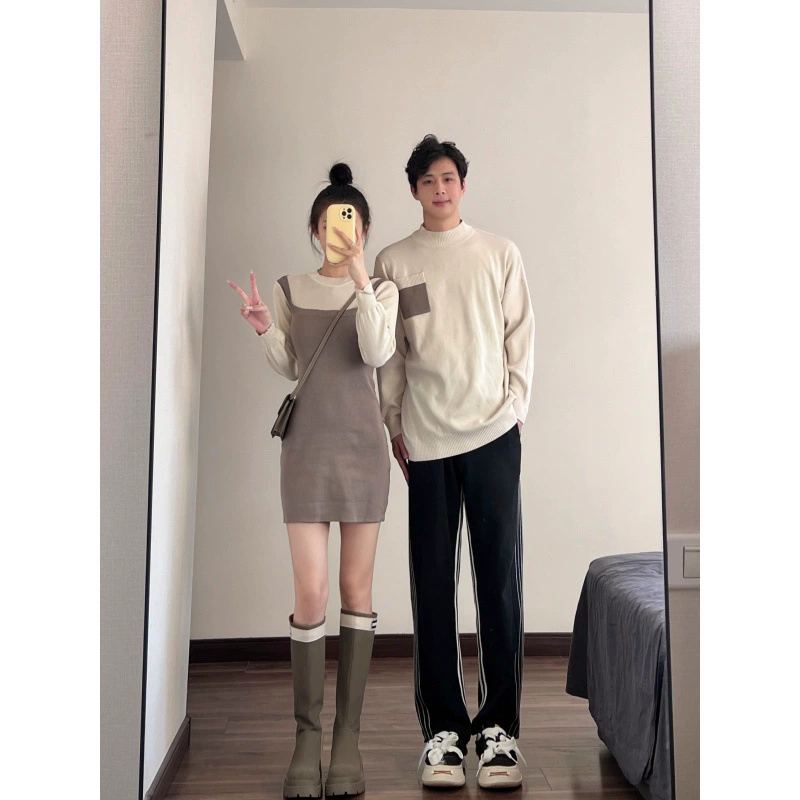 Spring couple clothing for beloved, set, long-sleeve, knitted sweater, round collar