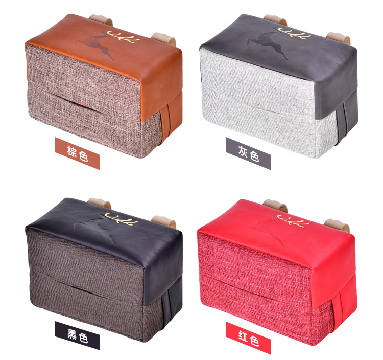 Leather deer car tissue box, sun visor tissue cover, linen creative car sunroof hanging tissue storage bag
