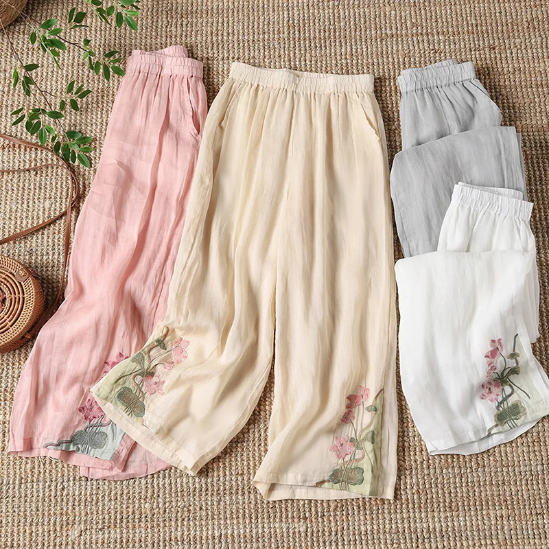 Chinese Ethnic Style Wide-Leg Pants for Women, Summer National Style Retro Color-Blocking Embroidery Breathable Pocket Slimming Casual Long Pants