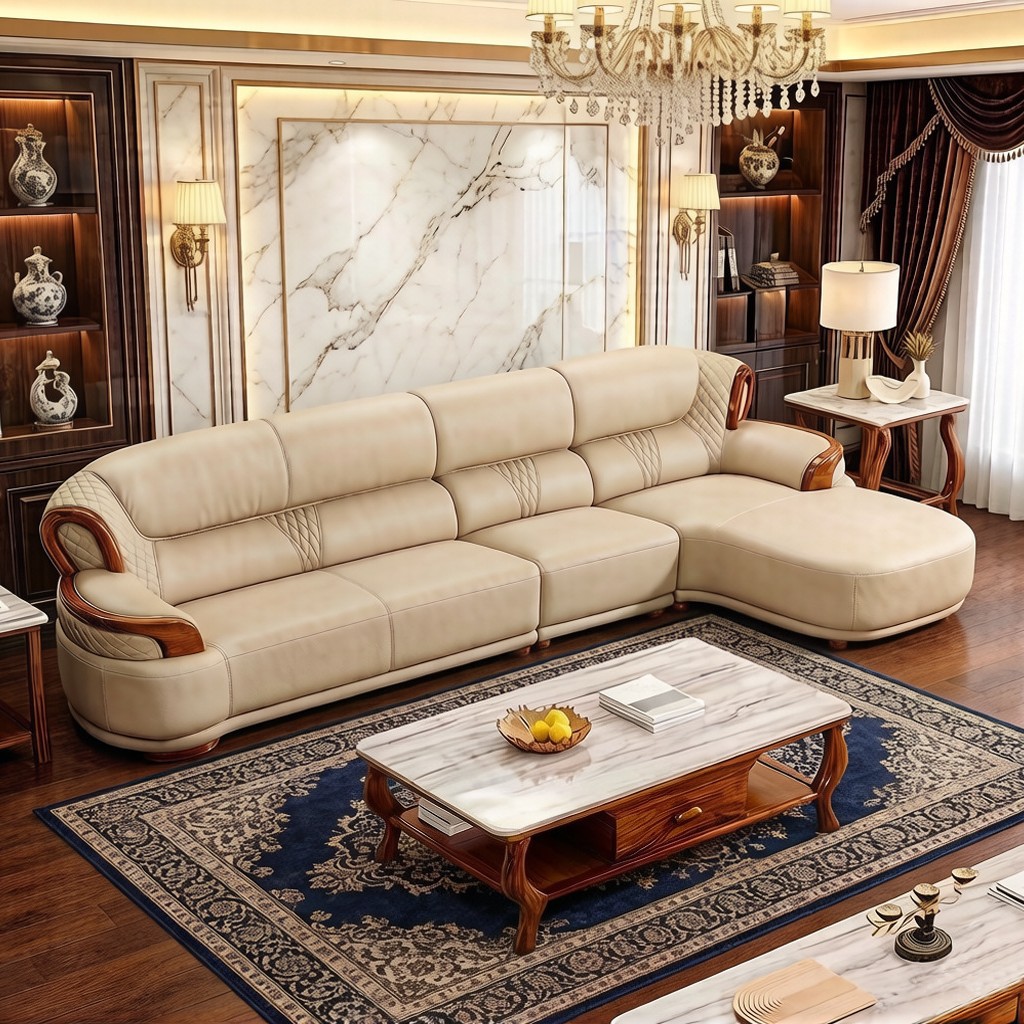 New Chinese style ebony leather sofa combination solid wood large and small apartment luxury living room light luxury villa furniture